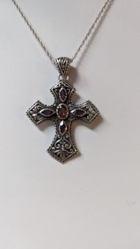  Sterling Silver Large Gothic Cross Pendant with Red Stones