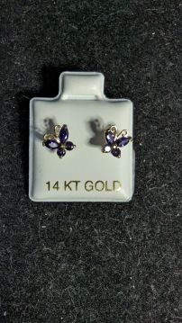 14k Gold Purple Stone Butterfly Stub Earrings for kids