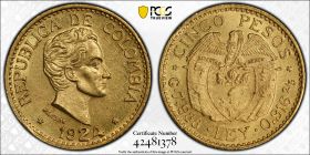 1924  Colombia Gold 5 Peso PCGS MS62 Large 24  42481378