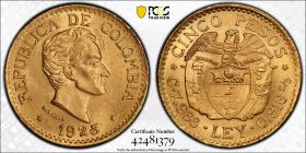 1925  Columbia Gold 5 Peso PCGS MS63 w/o Bar  